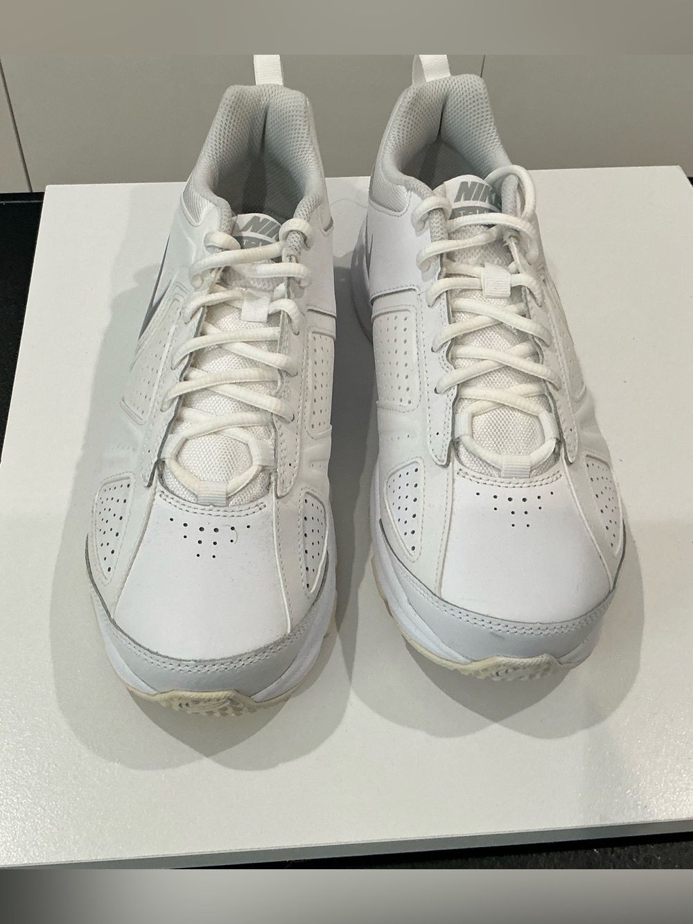 Nike T- Lite XI white leather training sneakers.